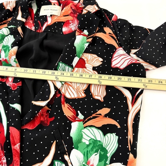 River Island Women’s US Sz 12 Black Floral Spot Longline Blazer Top Open Front - Picture 10 of 13